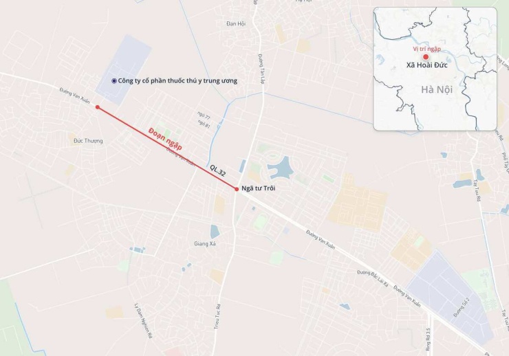 Đoạn đường ngập ở khu 7, xã Hoài Đức, dài khoảng 1,5 km. Đồ họa: Hoàng Khánh