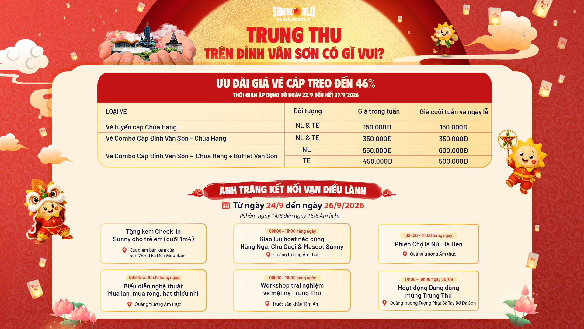 Sun World Ba Den Mountain ưu đãi giá vé cáp treo từ ngày 22-27/9/2026