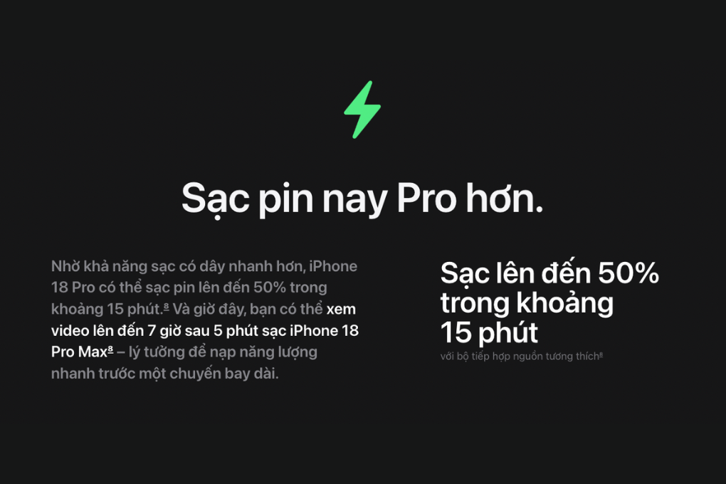 Pin dài hơn giúp iPhone 18 Pro Max phù hợp với người dùng máy cường độ cao suốt cả ngày. Ảnh: Apple