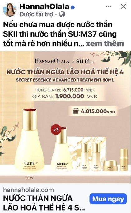 “Nước thần” SK-II và SU là hai sản phẩm được giới thiệu trong các nội dung quảng cáo trên facebook Hannah Olala.