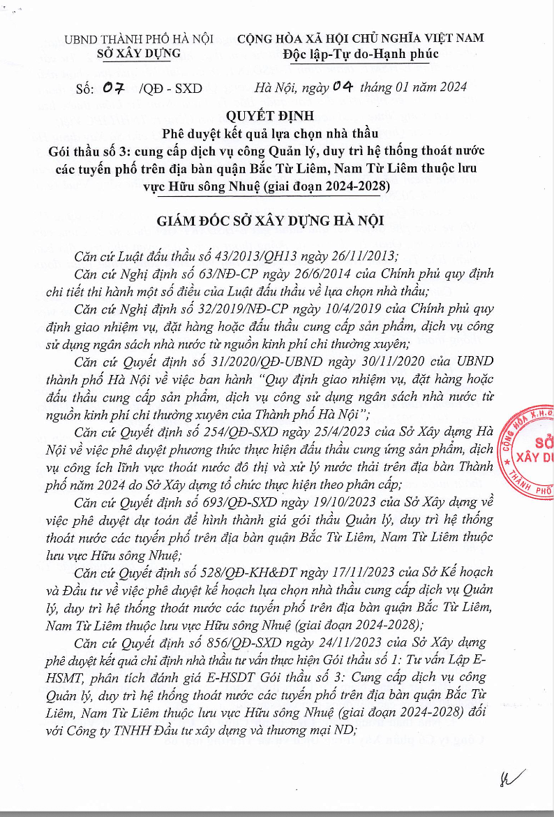 Quyết định số 07/QĐ-SXD phê duyệt kết quả lựa chọn nhà thầu cho "Gói thầu số 3: Cung cấp dịch vụ công Quản lý, duy trì hệ thống thoát nước các tuyến phố trên địa bàn quận Bắc Từ Liêm, Nam Từ Liêm (cũ – PV) thuộc lưu vực Hữu sông Nhuệ (giai đoạn 2024 - 2028)". Ảnh chụp màn hình tư liệu