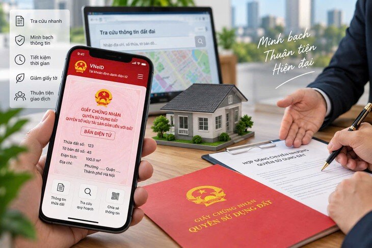 Cơ quan quản lý đang nghiên cứu cấp sổ đỏ điện tử, hướng tới thuận tiện hơn cho người dân khi thực hiện thủ tục đất đai. Ảnh minh họa - AI.