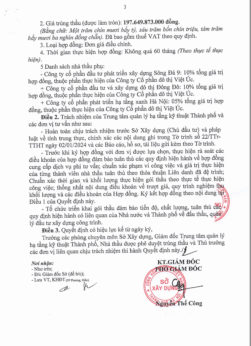 Quyết định số 07/QĐ-SXD phê duyệt kết quả lựa chọn nhà thầu cho "Gói thầu số 3: Cung cấp dịch vụ công Quản lý, duy trì hệ thống thoát nước các tuyến phố trên địa bàn quận Bắc Từ Liêm, Nam Từ Liêm (cũ – PV) thuộc lưu vực Hữu sông Nhuệ (giai đoạn 2024 - 2028)". Ảnh chụp màn hình tư liệu