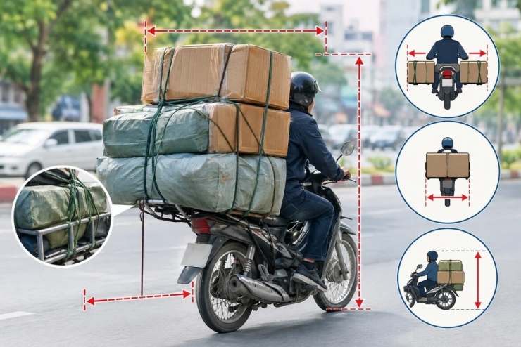 Chở hàng cồng kềnh bằng xe máy có thể bị phạt đến 14 triệu đồng. (Ảnh minh họa: AI)