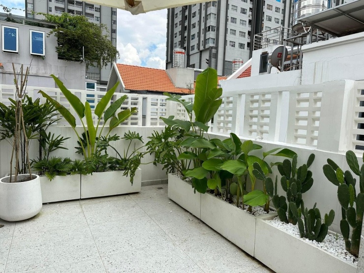 Sân thượng trở thành một không gian thư giãn lý tưởng được sắp xếp phù hợp với buổi trà chiều hoặc tiệc ngoài trời để tiếp đón người thân, bạn bè đồng nghiệp ghé thăm.