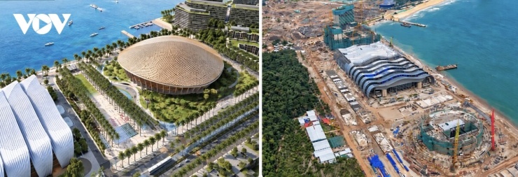 Được xem là công trình trung tâm của tổ hợp phục vụ APEC 2027, Trung tâm Hội nghị và Triển lãm APEC có tổng diện tích sàn lên tới 153.130m², cao 39,25m, gồm một tầng hầm, ba tầng nổi và tầng tum kỹ thuật. Công trình có ballroom rộng 11.050m², với nhịp vượt không cột lên tới 81m. Hệ mái của Trung tâm Hội nghị và Triển lãm được thiết kế mô phỏng những lớp sóng biển.
