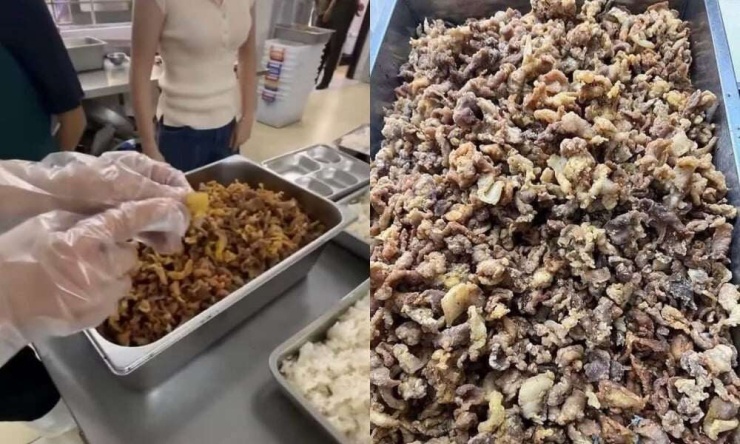 Theo nhà trường, hình ảnh chụp món ăn bị dư luận hiểu lầm là "tóp mỡ" thực chất là món thịt chiên vừng, do nhân viên nhà bếp chiên quá lửa khiến miếng thịt bị quắt lại, hoàn toàn không phải mỡ lợn phế phẩm hay ôi thiu. Ảnh: NDCC