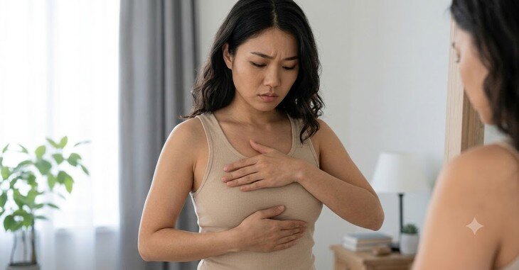 Chị em nên tập thói quen kiểm tra những bất thường ở vú để sớm phát hiện ung thư vú. Ảnh minh họa AI.
