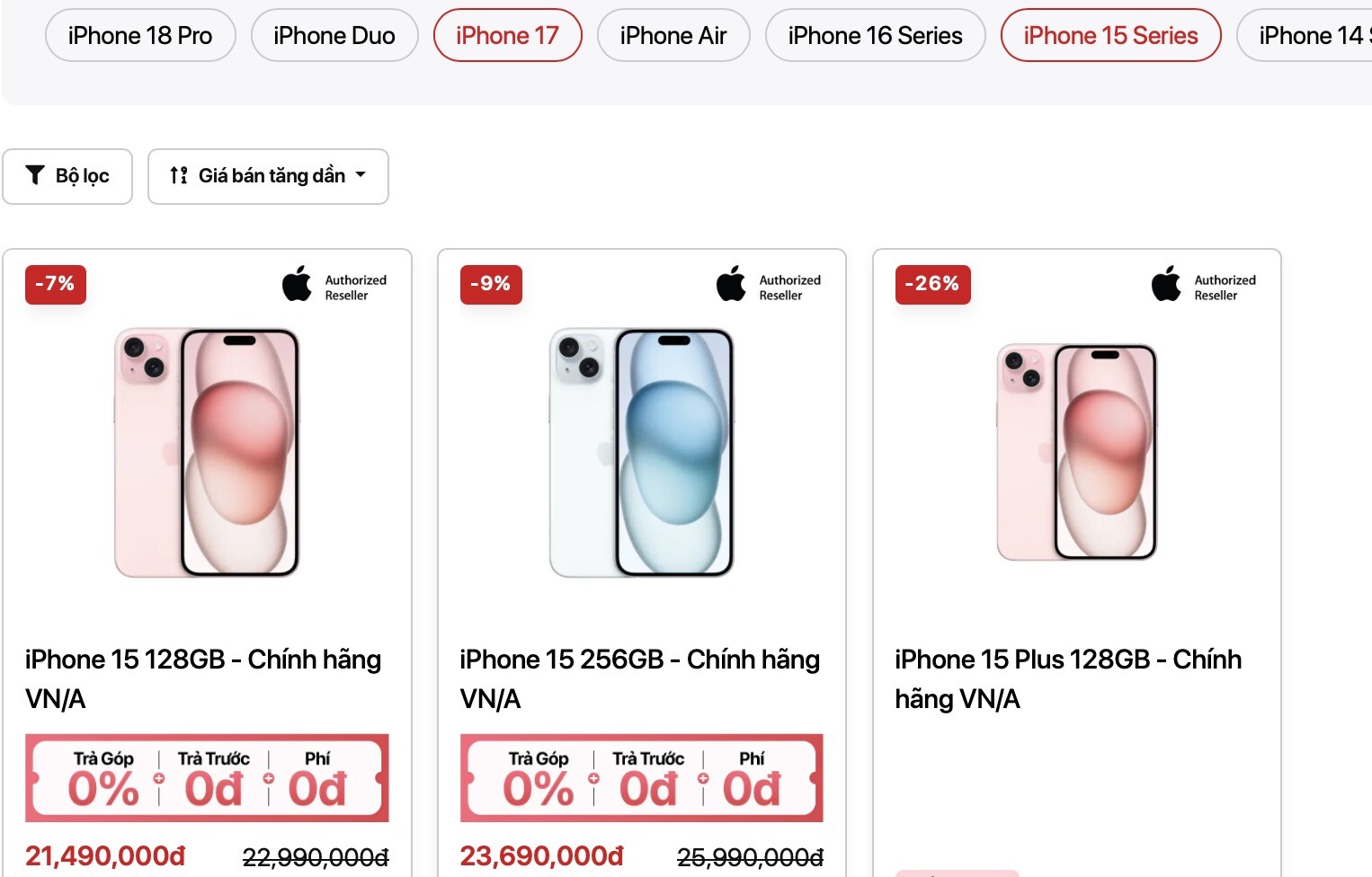 Giá iPhone 15 series tại một AAR, chỉ còn iPhone 15 thường 128GB và 256GB.