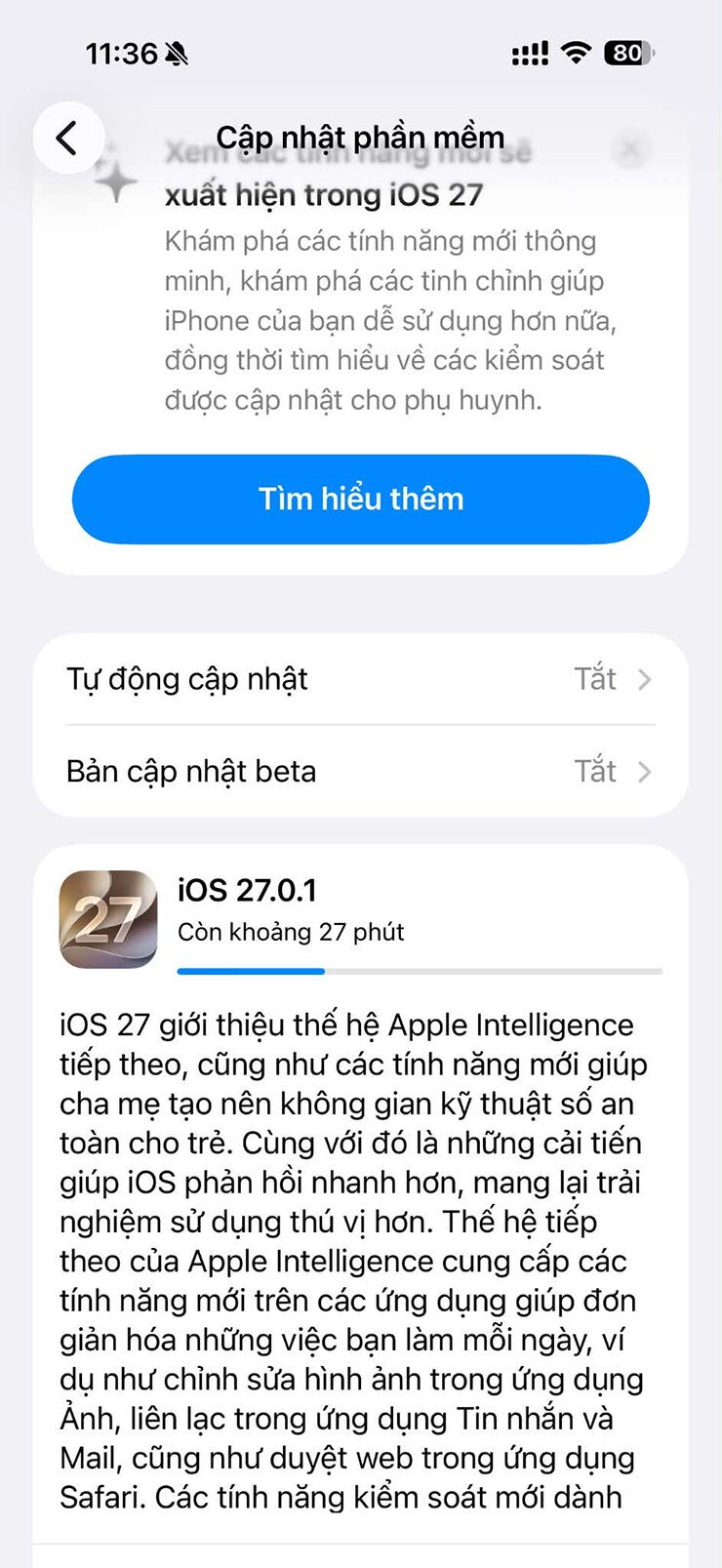 Thông tin về iOS 27.0.1 được Apple mô tả.