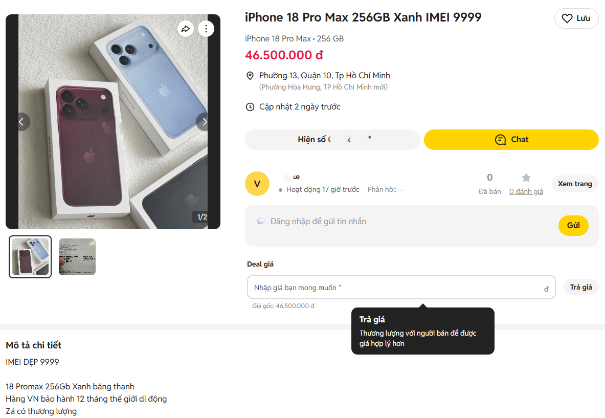 Một tin rao bán iPhone 18 Pro Max 256GB màu xanh băng thanh.