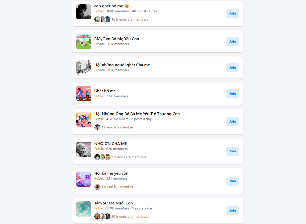Giữa nhiều nhóm Facebook thấm đẫm tình yêu thương cha mẹ và con cái thì lại xuất hiện nhóm tiêu cực "con ghét bố mẹ" hay "Hội những người ghét cha mẹ" đầy phản cảm.