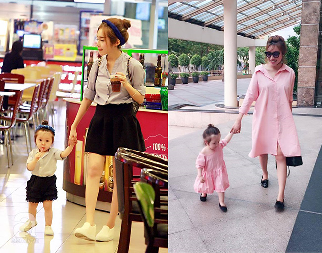 Lớn hơn một chút, Elly Trần thường dắt con đi chơi và hai mẹ con thường chọn những trang phục ton&nbsp;sur ton&nbsp;tạo nên hình ảnh thú vị,&nbsp;mang đầy tính xu hướng.