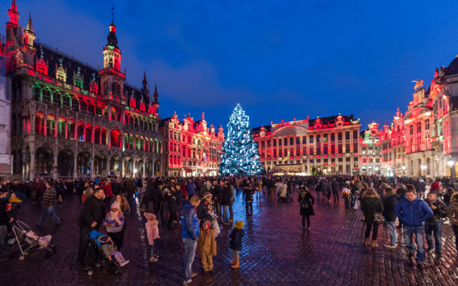 Cung điện Grand &nbsp;được chiếu đèn màu rực rỡ tại thành phố Brussels, Bỉ.