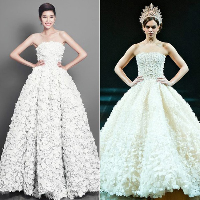 Chiếc váy hoa anh đào trắng mà nhà thiết kế Hoàng Minh Hà làm cho á hậu Thúy Vân ở Miss International cũng bị cho là có quá nhiều điểm trùng hợp với một thiết kế nước ngoài.&nbsp;