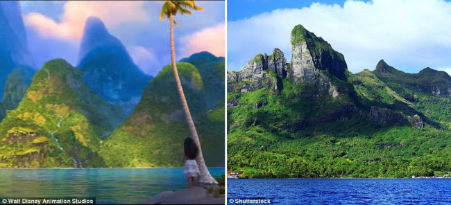 Du khách có thể tìm thấy không gian yên tĩnh trên các đảo cát nhỏ giữa hồ rộng lớn ở Bora Bora thuộc quần đảo Polynesia,&nbsp;Pháp. Ngọn núi Otemanu &#40;phải&#41; hùng vĩ trên đảo Bora Bora xuất hiện trong phim Moana &#40;trái&#41;.