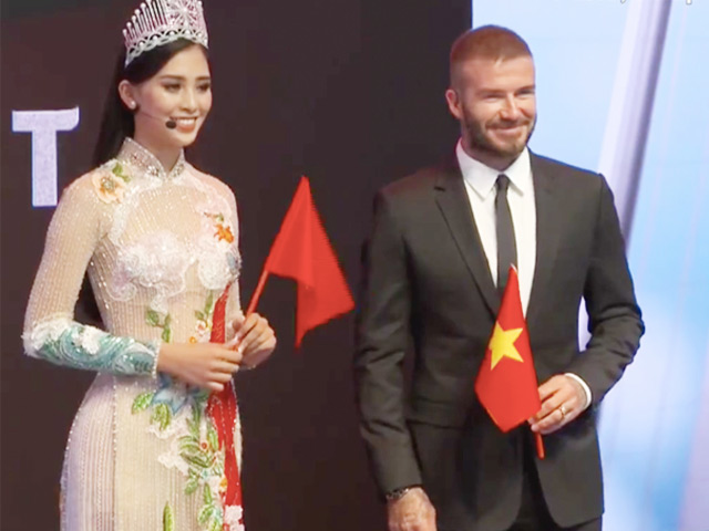 Hoa hậu Tiểu Vy mặc áo dài trong suốt bên David Beckham