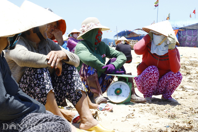 Ở trên bờ, hàng chục phụ nữ giúp&nbsp;người thân vận chuyển và làm công việc sơ chế cá ngừ đại dương.
