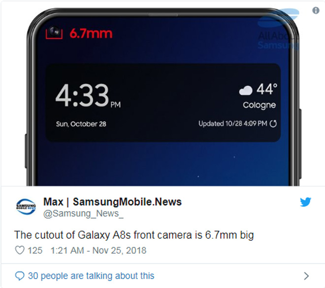 Galaxy S10 với thiết kế lỗ khuyên dần hiện hình qua Galaxy A8s - 1