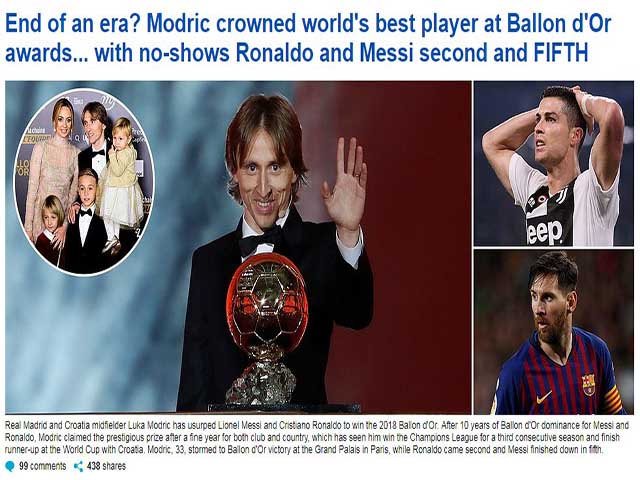 Modric ẵm Quả bóng vàng: Báo chí ca tụng “Vua mới”, đoạn kết Ronaldo - Messi