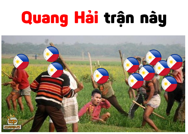 Hình ảnh Quang Hải trong "vòng vây" của các cầu thủ Philippines.