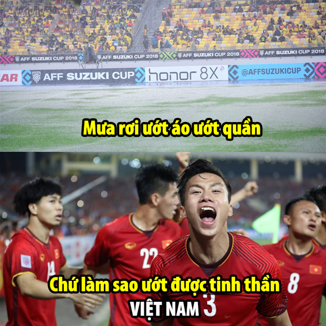 Mưa làm sao ướt được tinh thần các cầu thủ Việt Nam.