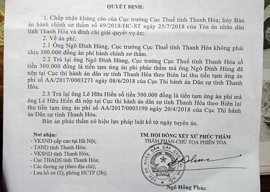 Tòa sơ thẩm vi phạm nghiêm trọng vụ Cục trưởng Cục Thuế Thanh Hóa bị cấp dưới kiện - 2