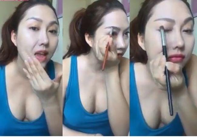 Phi Thanh Vân mặc áo hai dây hướng dẫn cách trang điểm cho fan. Trong một góc quay khác, bà mẹ một con bị fan soi chuyện &#34;thả rông&#34; vòng 1.