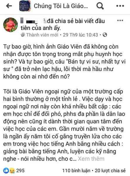 Tâm sự của thầy giáo Tiếng Anh nhận được sự quan tâm, đồng cảm từ các đồng nghiệp.