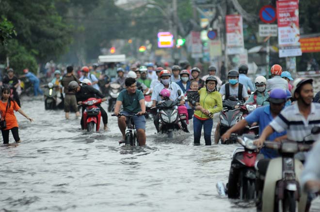 Chiều tối 1/10, mưa lớn trên diện rộng xảy ra tại nhiều quận huyện của TP.HCM kết hợp với triều cường vượt đỉnh khiến nhiều khu vực bị ngập nặng. Tại quận 6, quận Bình Tân, Tân Phú nhiều tuyến đường ngập gần lút bánh xe máy, giao thông tê liệt.