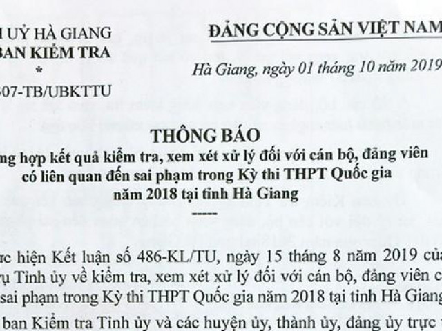 Danh sách 151 cán bộ, đảng viên Hà Giang liên quan đến sai phạm trong Kỳ thi THPT