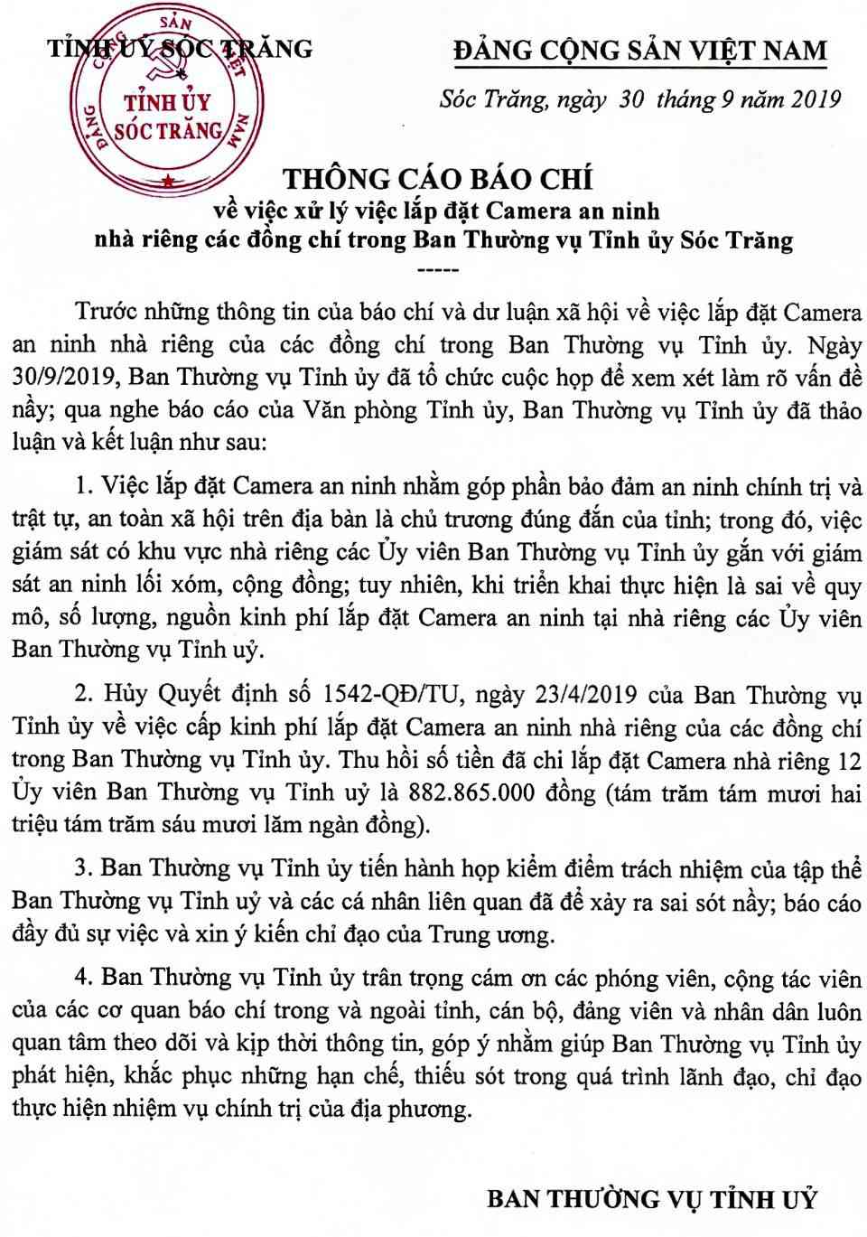 Thông cáo báo chí của Tỉnh ủy Sóc Trăng phát đi ngày 30-9