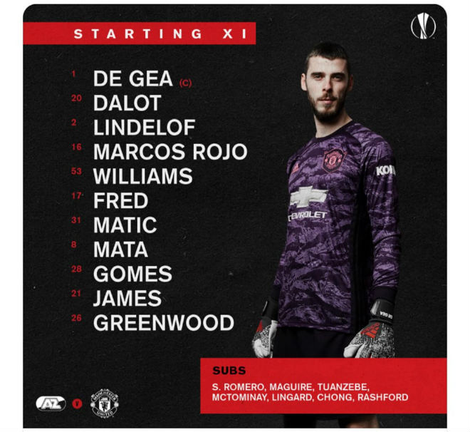 Khác với trận ra quân thắng Astana 1-0, MU đã để David De Gea trở lại bắt chính khi làm khách của AZ Alkmaar thay Sergio Romero. Cơ hội ra sân cũng bất ngờ đến với hậu vệ trẻ mới 19 tuổi - Brandon Williams