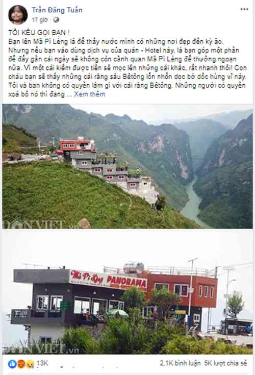 Nhà báo Trần Đăng Tuấn chia sẻ bài viết của Dân Việt, kêu gọi tẩy chay nhà nghỉ, nhà hàng Panorama xây trái phép giữa đỉnh đèo Mã Pí&nbsp;Lèng.