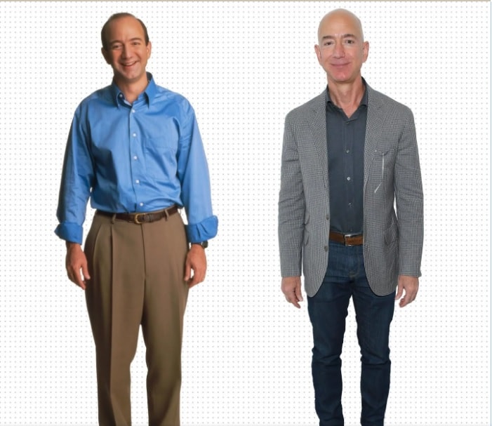 Tỷ phú Jeff Bezos thời điểm năm 1999 (trái)&nbsp;và hiện nay&nbsp;