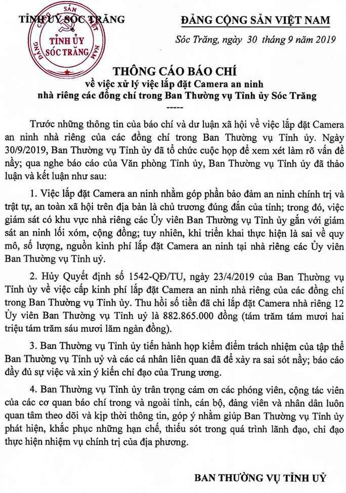 Thông cáo báo chí của Tỉnh ủy Sóc Trăng phát đi ngày 30-9