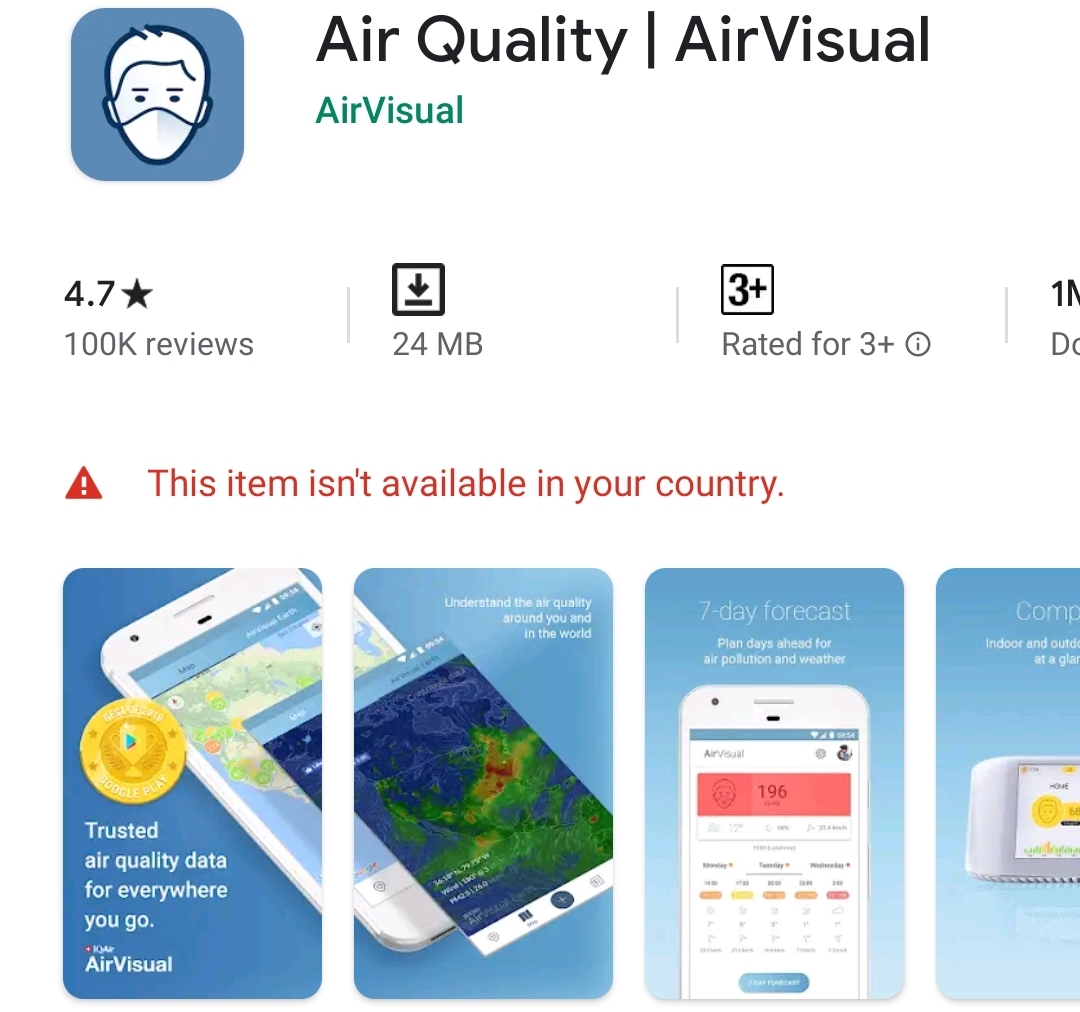 Tính đến 16h30 ngày 8/10, ứng dụng AirVisual vẫn chưa khả dụng trở lại cho người dùng smartphone tại Việt Nam tải về