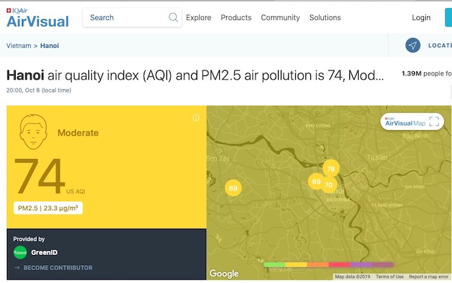 Thông tin về tình trạng không khí tại Hà Nội vào tối 8/10 đang ở mức bình thường.