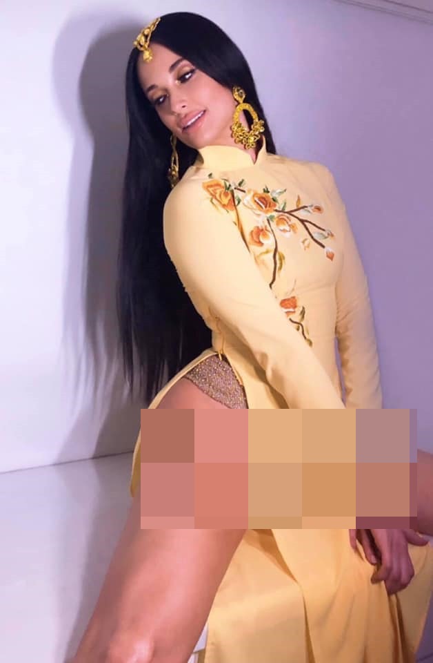 Nữ ca sĩ tạo dáng khiêu khích khi mặc quốc phục của Việt Nam.