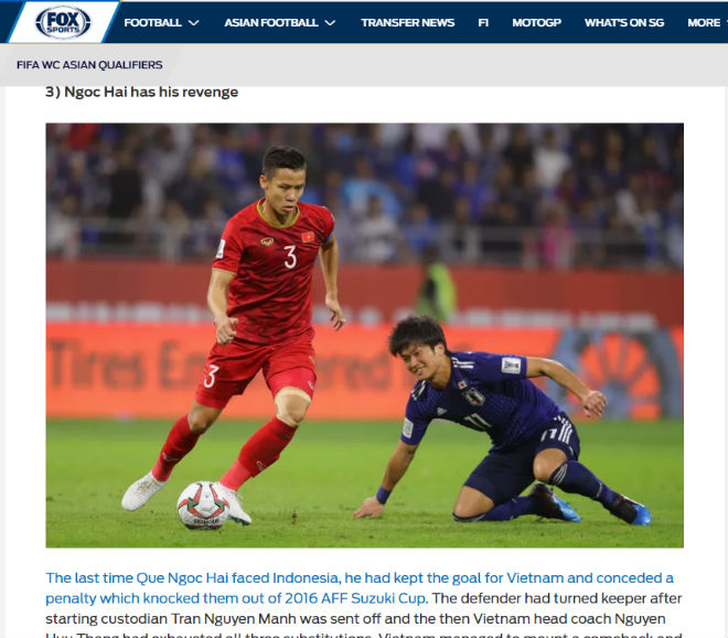 Tờ Fox Sports Asia nhấn mạnh Quế Ngọc Hải đã có màn rửa hận sòng phẳng cùng ĐT Việt Nam trước ĐT Indonesia&nbsp;