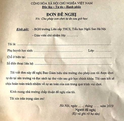 Lá đơn đề nghị của trường liên cấp Tiểu học và THCS Ngôi Sao Hà Nội khiến nhiều người tranh cãi.