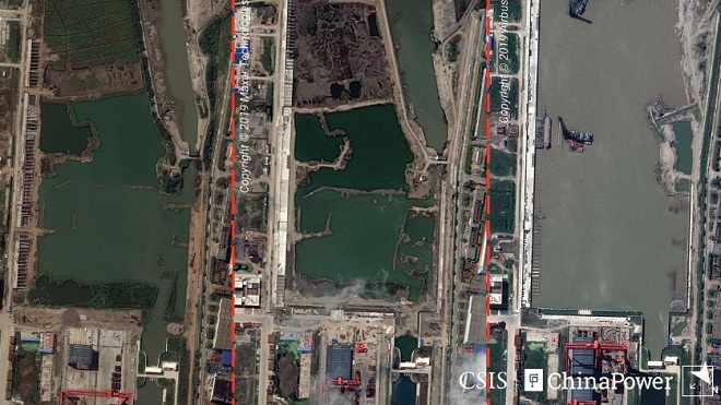 Xưởng đóng tàu sân bay Trung Quốc có sự thay đổi rõ rệt sau một năm.