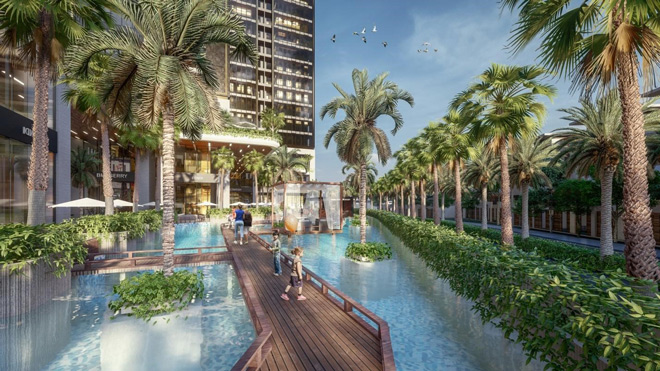 Cầu gỗ dạo bộ trên hồ cảnh quan.