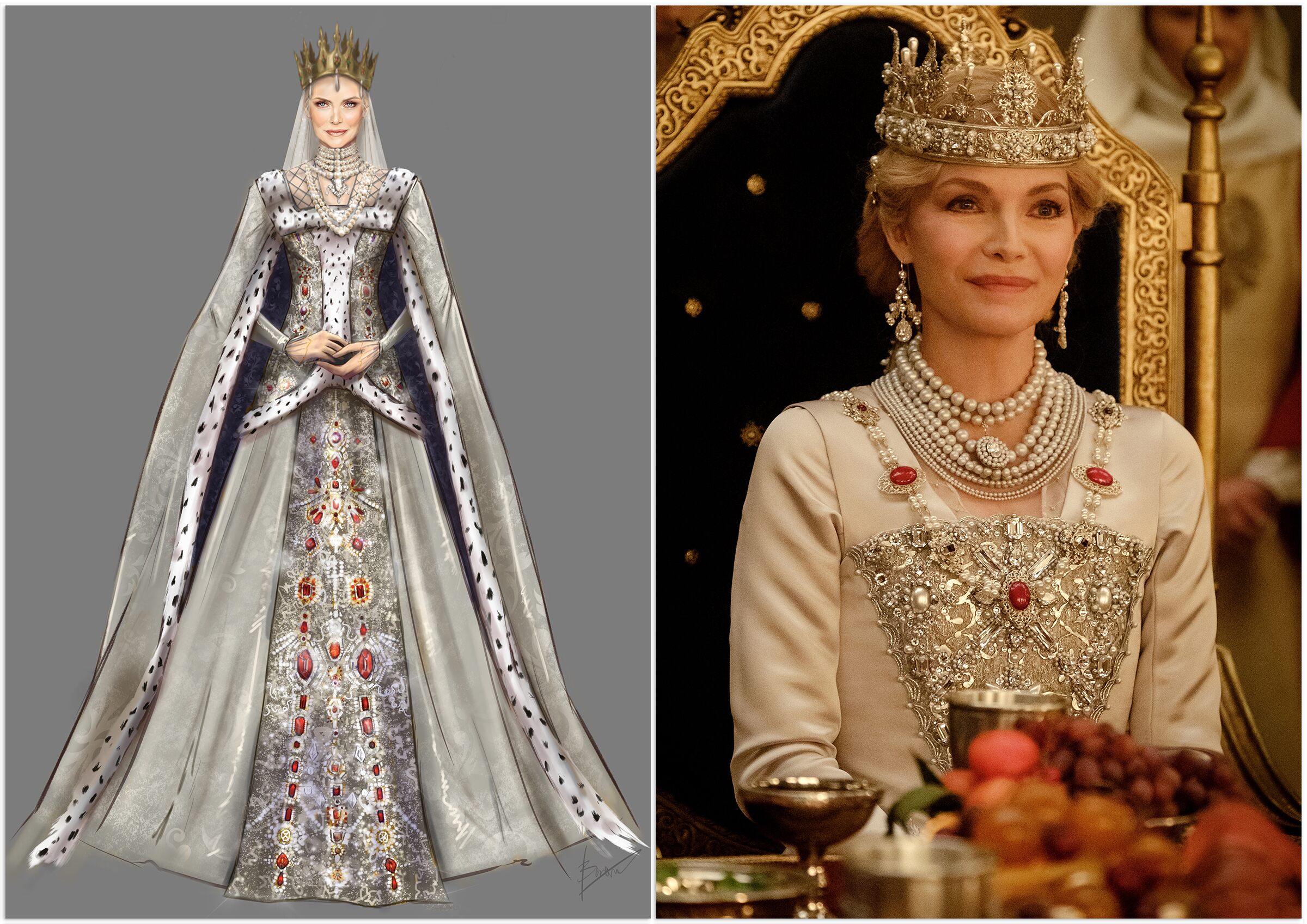 Trang phục của nữ hoàng Ingrith gắn đầy đá quý, ngọc trai và kim cương.&nbsp;