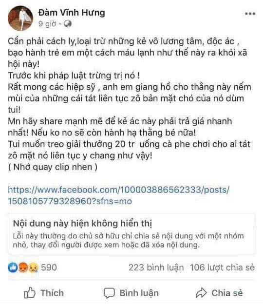 Trang facebook Đàm Vĩnh Hưng kêu gọi đánh anh Tí
