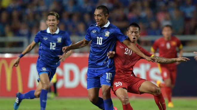 Teerasil Dangda (số 10) từng 2 lần giúp ĐT Thái Lan chọc thủng lưới chủ nhà Việt Nam trên sân Mỹ Đình