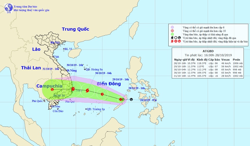 Vị trí và hướng di chuyển của áp thấp nhiệt đới trên Biển Đông. Ảnh: Trung tâm Dự báo KTTVQG.