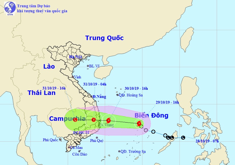 Vị trí và hướng di chuyển của bão số 5 trên Biển Đông. Ảnh Trung tâm Dự báo KTTVQG.