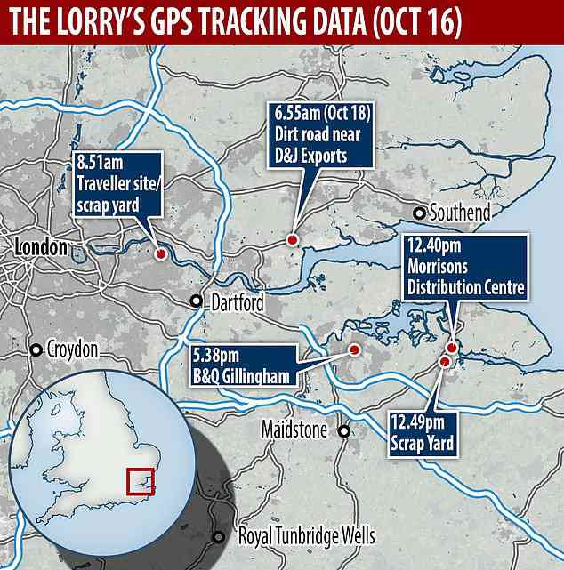 Dữ liệu từ GPS cho thấy xe container có lộ trình gần như giống hệt vào một tuần trước khi 8 phụ nữ và 31 người đàn ông phát hiện chết bên trong vào ngày 23-10. Ảnh: DAILY MAIL