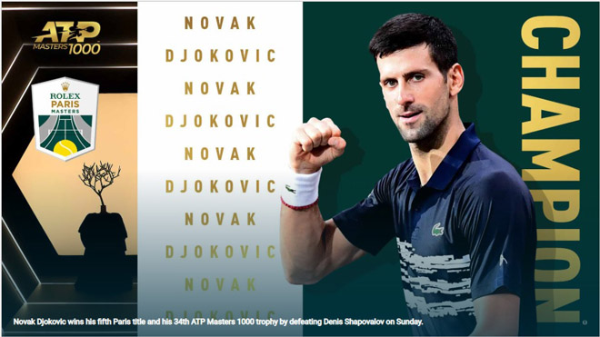 Novak Djokovic có lần thứ 5 đăng quang tại Paris Masters sau chiến thắng trước Shapovalov